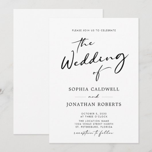 Trendy Modern Calligraphy Black and White Wedding Kaart (Voorkant / Achterkant)