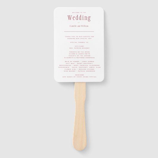 Trendy Modern Dusty Roos Pink Wedding Program Hand Handwaaier (Voorkant)