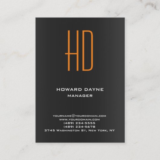Trendy modern effen zwart grijs sinaasappel monogr visitekaartje (Voorkant)