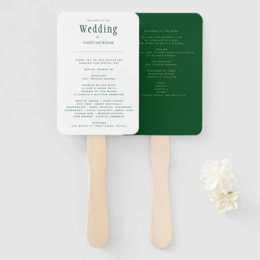 Trendy Modern Emerald Green Gold Wedding Program H Handwaaier (Voorkant en achterkant)