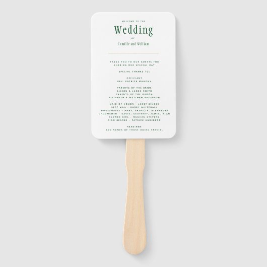 Trendy Modern Emerald Green Gold Wedding Program H Handwaaier (Voorkant)