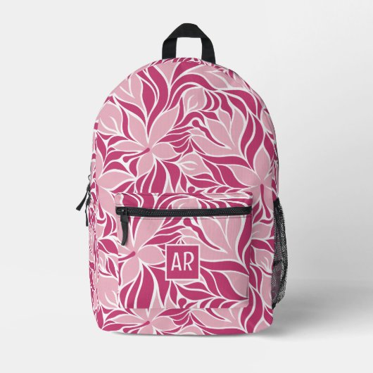 Trendy Modern Floral Pattern Monogram Cool Pink Bedrukte Rugzak (Voorkant)