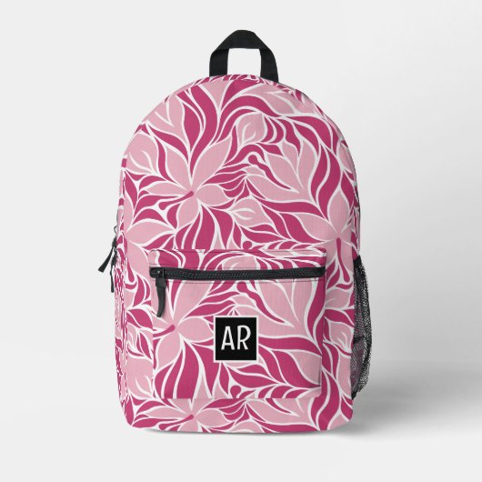 Trendy Modern Floral Pattern Monogram Cool Pink Bedrukte Rugzak (Voorkant)