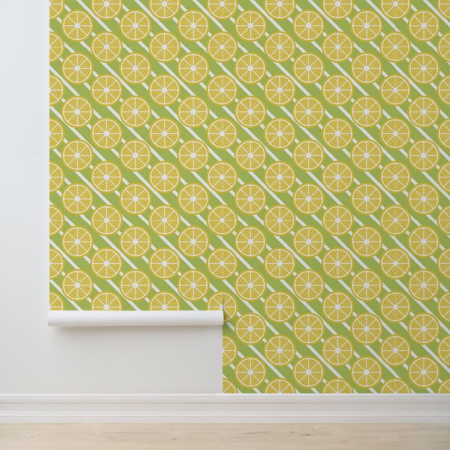 Trendy Modern Geel Citroen Fruit Slice Groen Behang (Applicatie)