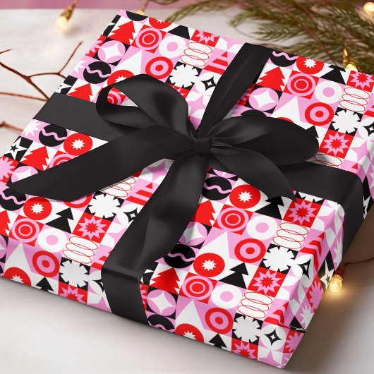 Trendy Modern Geometric Christmas Pattern Red Pink Cadeaupapier