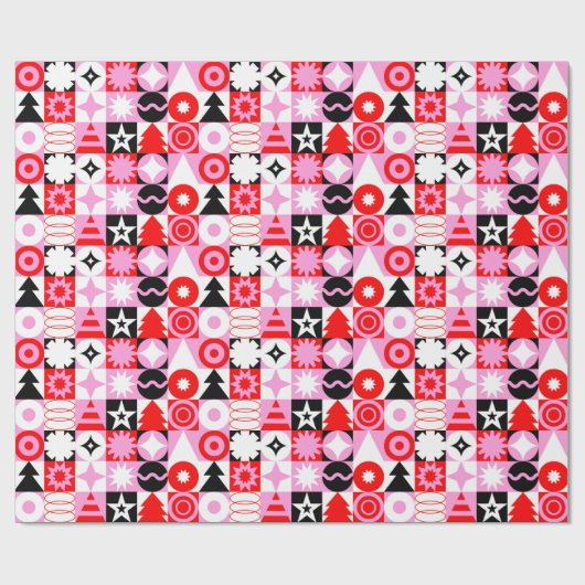Trendy Modern Geometric Christmas Pattern Red Pink Cadeaupapier (Vlak)