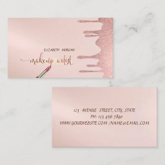 Trendy Modern Glitter Drops, Lipstick, Makeup Visitekaartje (Voorkant / Achterkant)