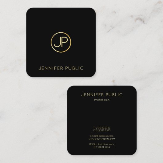 Trendy Modern Goud Monogram Zwart Sjabloon Elegant Vierkante Visitekaartje (Voorkant / Achterkant)