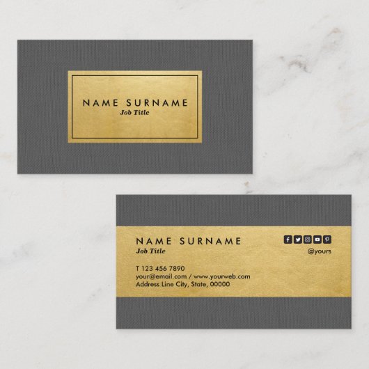 Trendy Modern Gray Linen Elegant Gold Minimalist Visitekaartje (Voorkant / Achterkant)