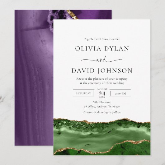 Trendy Modern green Gold Agate Wedding Invitation Kaart (Voorkant / Achterkant)