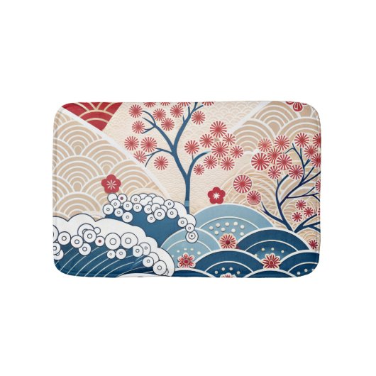 Trendy Modern Japanese Wave & Sakura Pattern  Badmat (Voorkant)