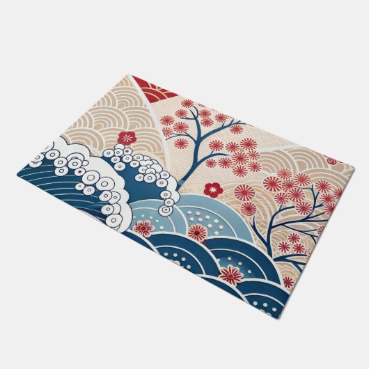 Trendy Modern Japanese Wave & Sakura Pattern  Deurmat (Schuin)