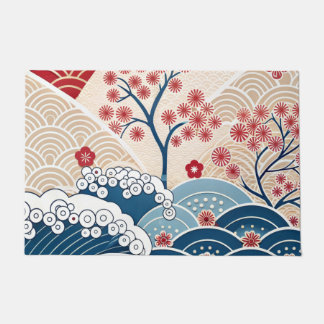 Trendy Modern Japanese Wave & Sakura Pattern  Deurmat