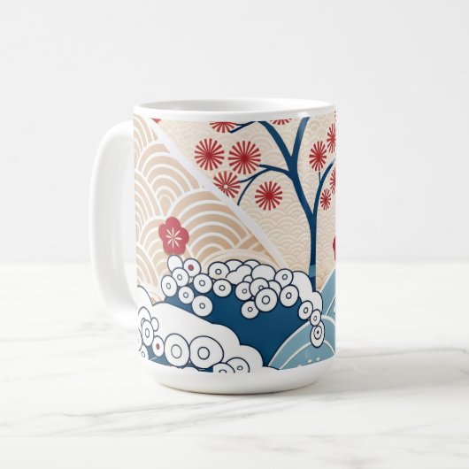 Trendy Modern Japanese Wave & Sakura Pattern  Koffiemok (Voorkant links)