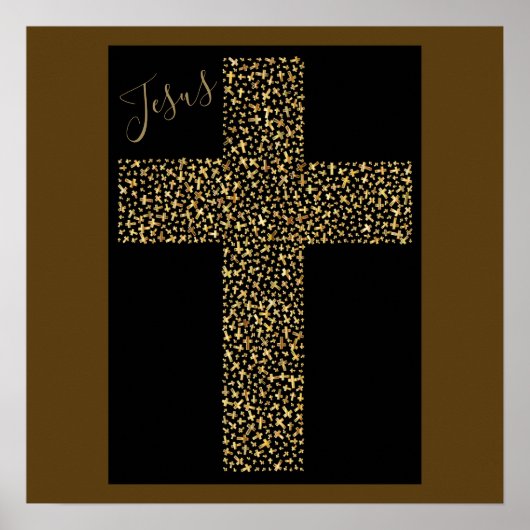 Trendy Modern Jesus Gold Cross Brown Art Poster (Voorkant)