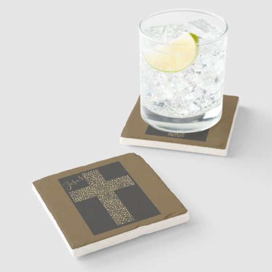 Trendy Modern Jesus Gold Cross Brown Stenen Onderzetter (Zijkant)