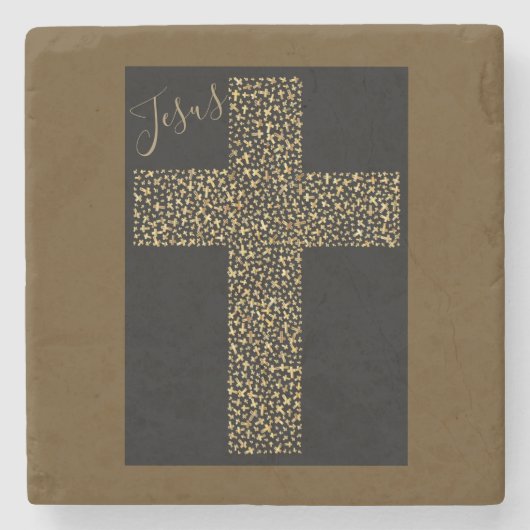 Trendy Modern Jesus Gold Cross Brown Stenen Onderzetter (Voorkant)