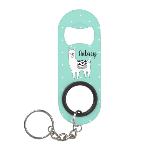 Trendy Modern Llama & Polka Dots Script Name Mini Flessenopener (Voorkant)