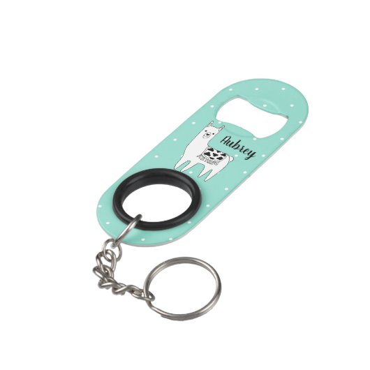 Trendy Modern Llama & Polka Dots Script Name Mini Flessenopener (Achterkant Gekanteld)