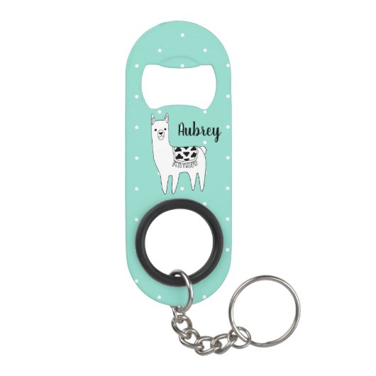 Trendy Modern Llama & Polka Dots Script Name Mini Flessenopener (Achterkant)