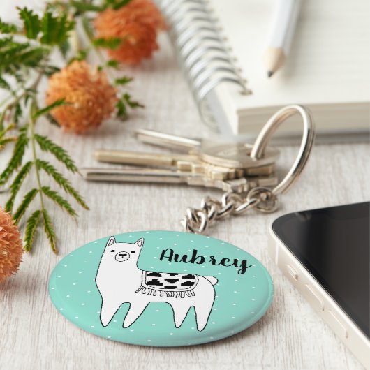 Trendy Modern Llama & Polka Dots Script Name Sleutelhanger (Zijkant)