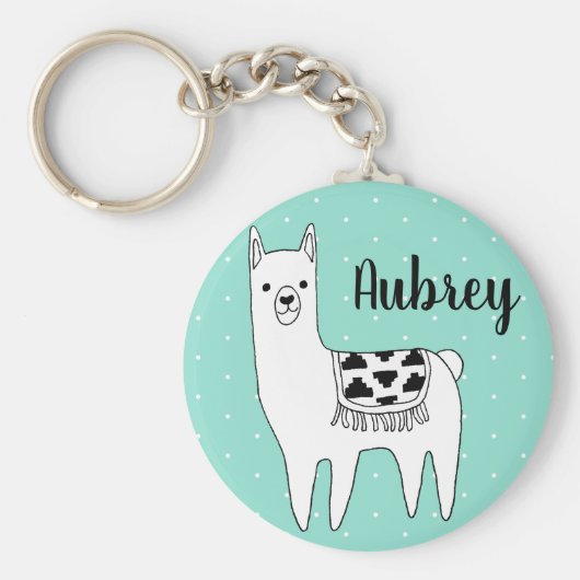 Trendy Modern Llama & Polka Dots Script Name Sleutelhanger (Voorkant)