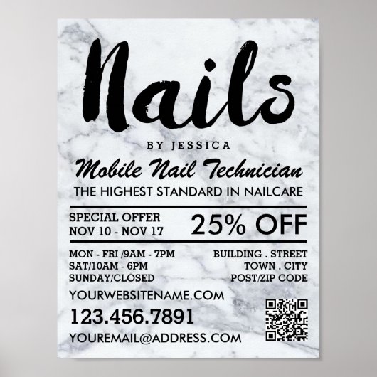 Trendy Modern Marble Nail Technicien, Nail Salon Poster (Voorkant)