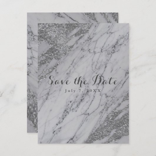 Trendy Modern Marble Silver Glam de Datum Aankondigingskaart (Voorkant / Achterkant)