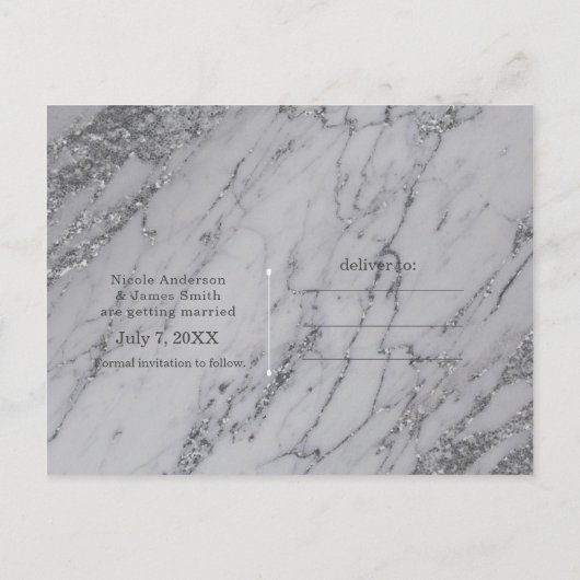 Trendy Modern Marble Silver Glam de Datum Aankondigingskaart (Achterkant)