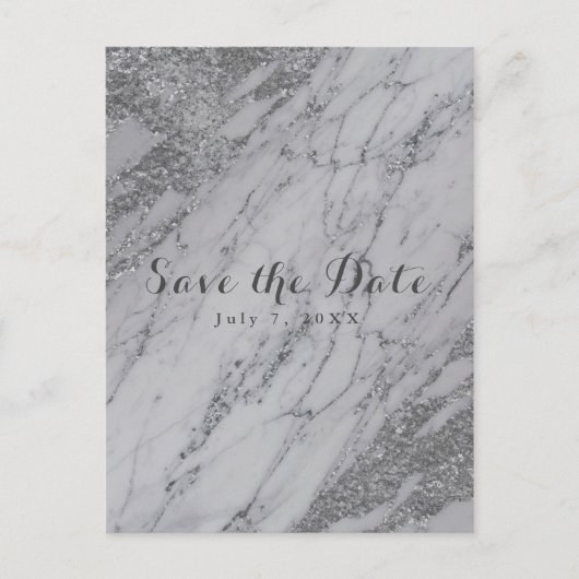 Trendy Modern Marble Silver Glam de Datum Aankondigingskaart (Voorkant)