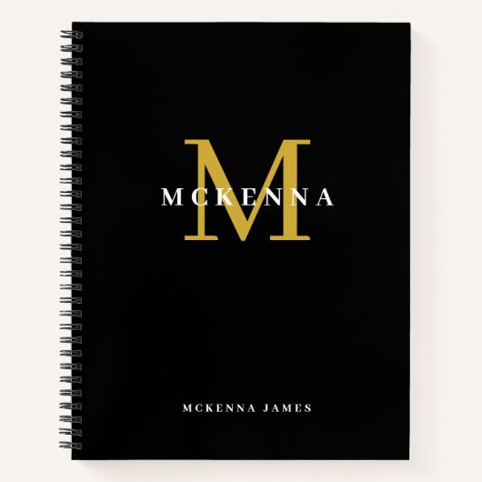 Trendy Modern Monogram Black Gold Initiaal Naam Notitieboek (Voorkant)