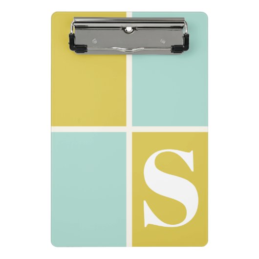 Trendy Modern Monogram Blauw Geel Geometrisch Mini Klembord (Voorkant)