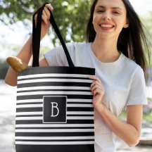 Trendy Modern Monogram Initiaal Black White Stripe
