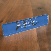 Trendy modern monogram initiaal professioneel blau naambordje (Zijkant)