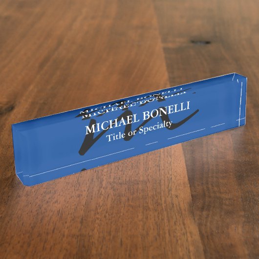 Trendy modern monogram initiaal professioneel blau naambordje (Zijkant)