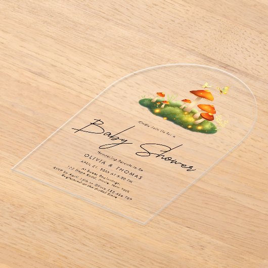 Trendy Modern Mushroom Woodland Script Baby shower Acryl Uitnodigingen (Laagn)