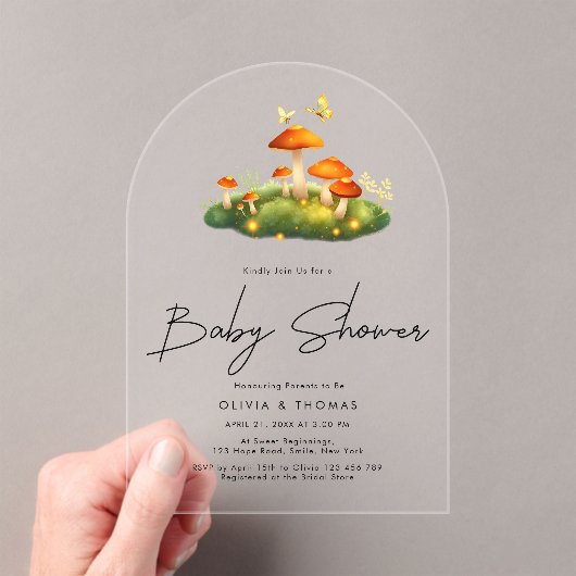 Trendy Modern Mushroom Woodland Script Baby shower Acryl Uitnodigingen (Insitu (Draagbaar))