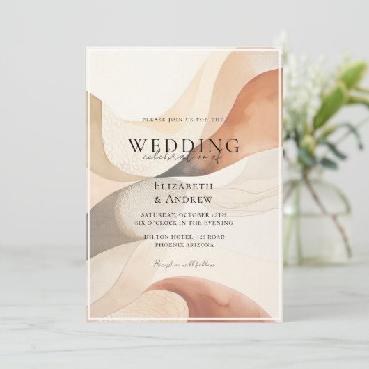 Trendy, modern, natuurlijke kleuren-golven, bruilo kaart (Staand voorkant)