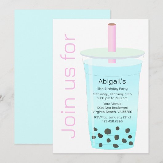 Trendy Modern Pink and Blue Boba Tea Birthday Kaart (Voorkant / Achterkant)