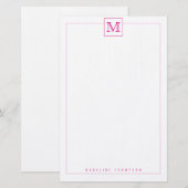 Trendy Modern Pink Initiaal Monogram Square border Briefpapier (Voorkant / Achterkant)