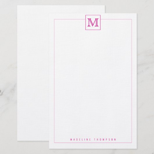 Trendy Modern Pink Initiaal Monogram Square border Briefpapier (Voorkant / Achterkant)