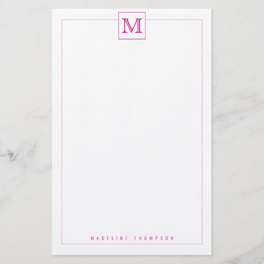 Trendy Modern Pink Initiaal Monogram Square border Briefpapier (Voorkant)