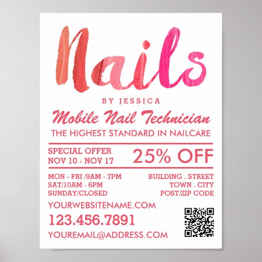 Trendy Modern Pink Nail Technicien, Nail Salon Poster (Voorkant)