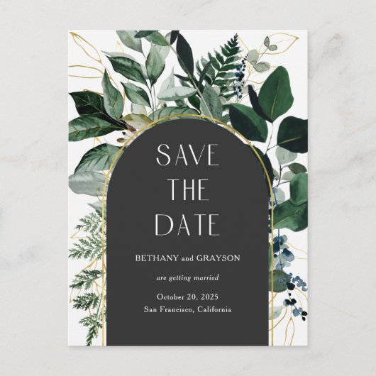 Trendy Modern QR code Greenery foliage save date Aankondigingskaart (Voorkant)