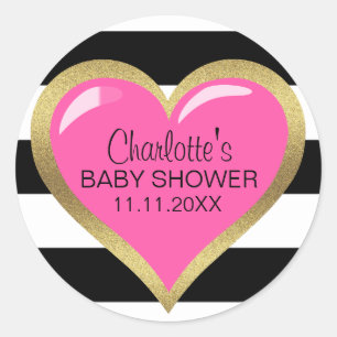 Trendy Modern Roze Hart Zwart Wit Baby shower Ronde Sticker