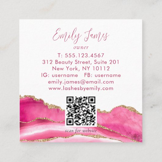 Trendy Modern Roze Manuscript Agate QR Code Vierkante Visitekaartje (Achterkant)
