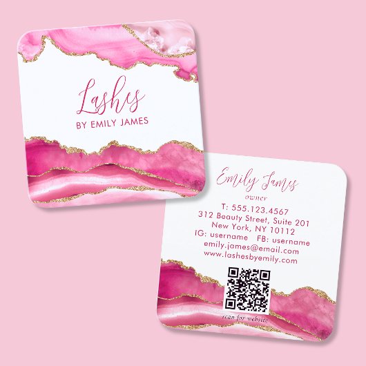 Trendy Modern Roze Manuscript Agate QR Code Vierkante Visitekaartje
