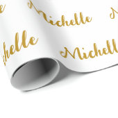 Trendy Modern Script Custom Name wit en goud Cadeaupapier (Rol Hoek)