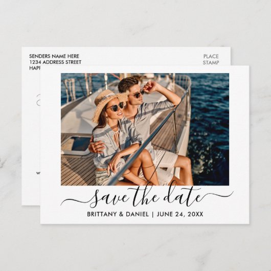 Trendy Modern Script Photo Save the Date Briefkaart (Voorkant / Achterkant)