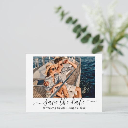 Trendy Modern Script Photo Save the Date Briefkaart (Staand voorkant)